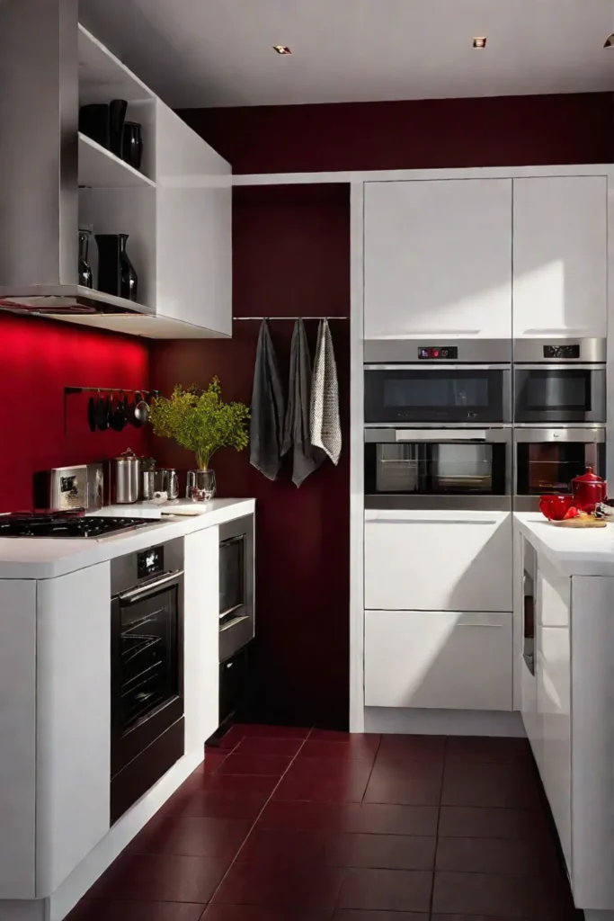 Red accent wall in a small kitchen