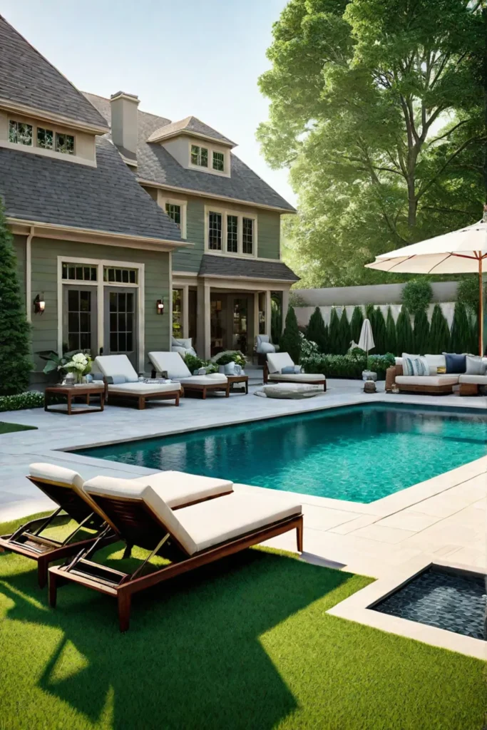 Relaxing backyard with a lawn patio furniture and pool