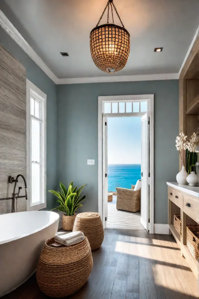 Relaxing bathroom with ocean view soaking tub and capiz chandeliers
