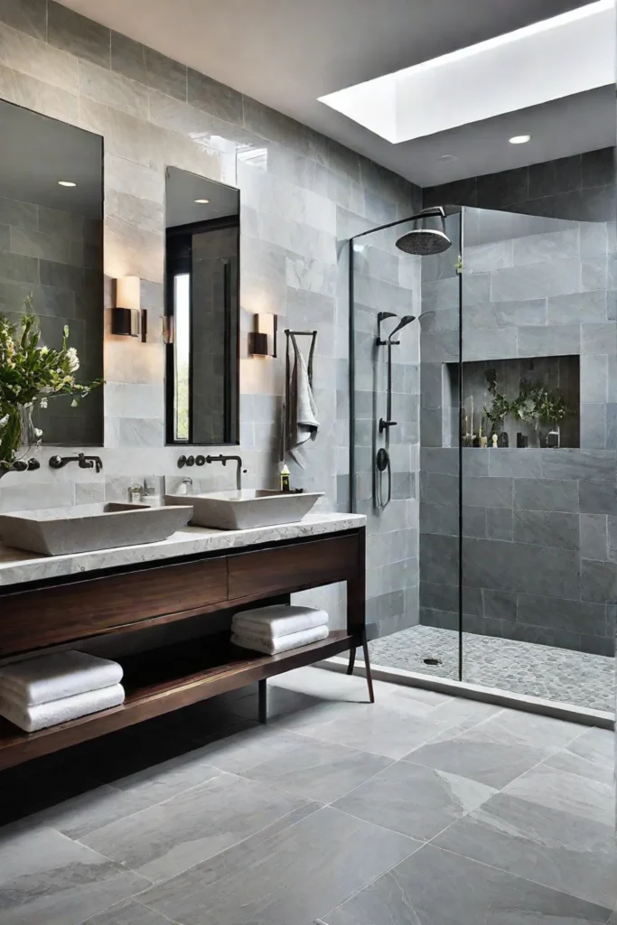 Relaxing bathroom with rain showerhead and eucalyptus