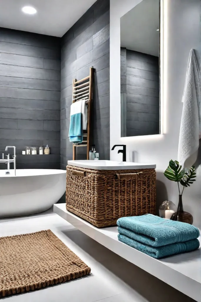 Relaxing coastal bathroom with walkin shower and jute accents