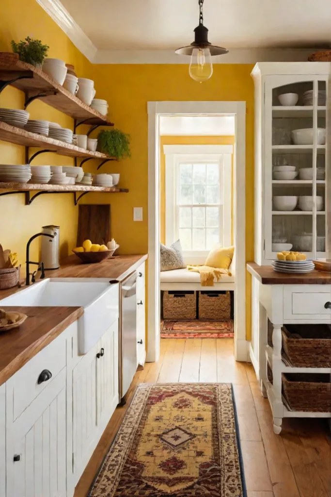 Rustic kitchen design with yellow color scheme and natural wood accents