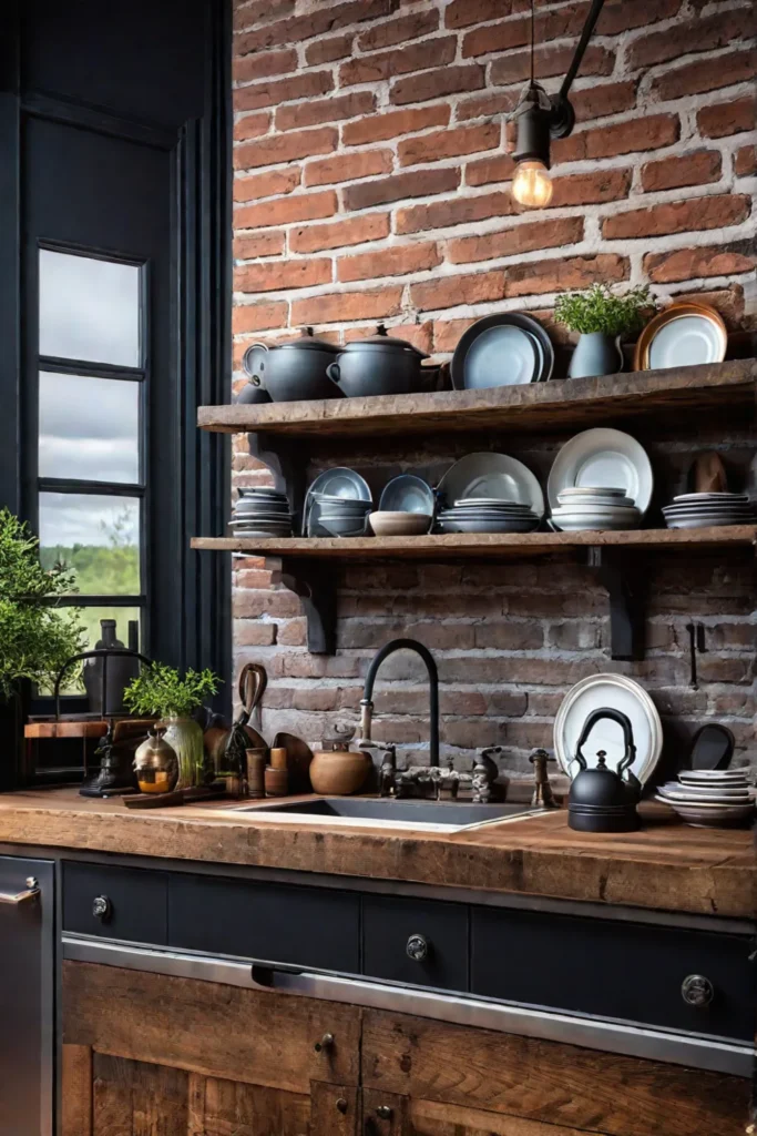 Rustic kitchen with open shelves and exposed brick