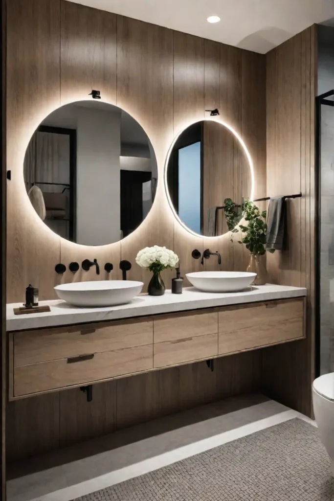 Scandinavian bathroom with a double vanity and round mirror