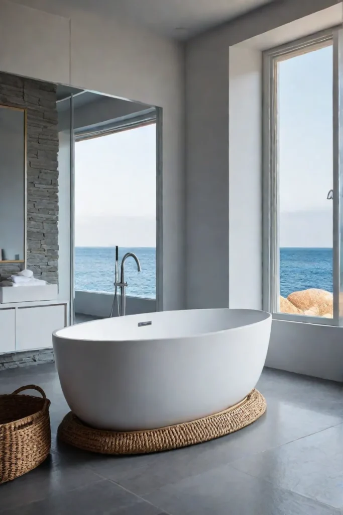 Scandinavian bathroom with gray stone floor and white bathtub