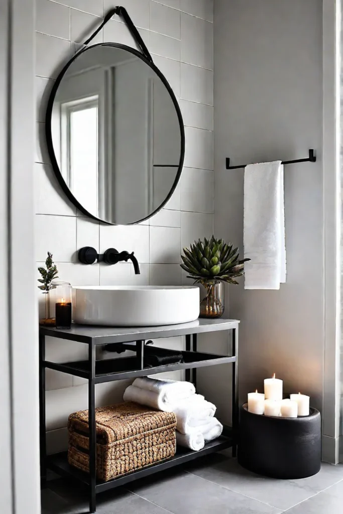 Scandinavian bathroom with gray tile and natural stone vanity