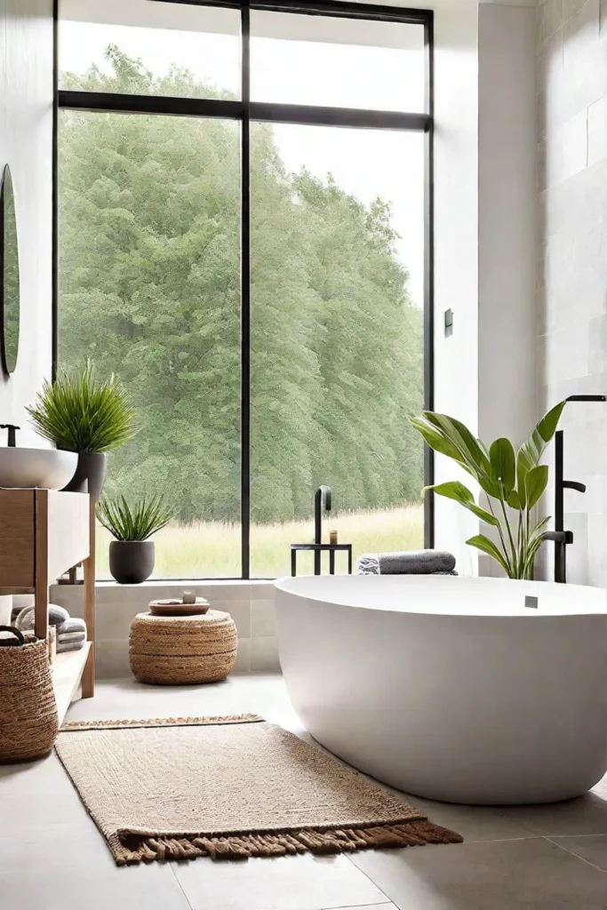 Scandinavian bathroom with natural light and freestanding tub