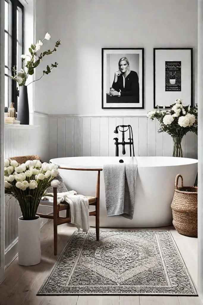 Scandinavian bathroom with personal touches and artwork