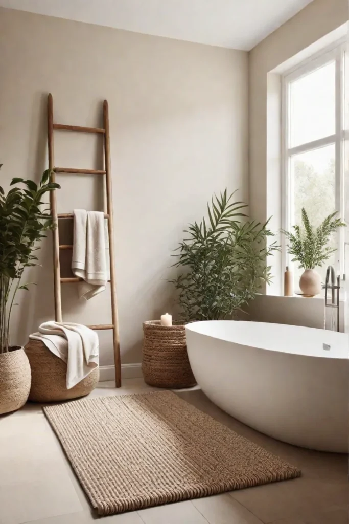 Scandinavian bathroom with textured rug and plush bath mat