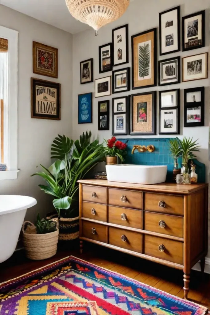 Scandinavian bathroom with vintage dresser and colorful rug