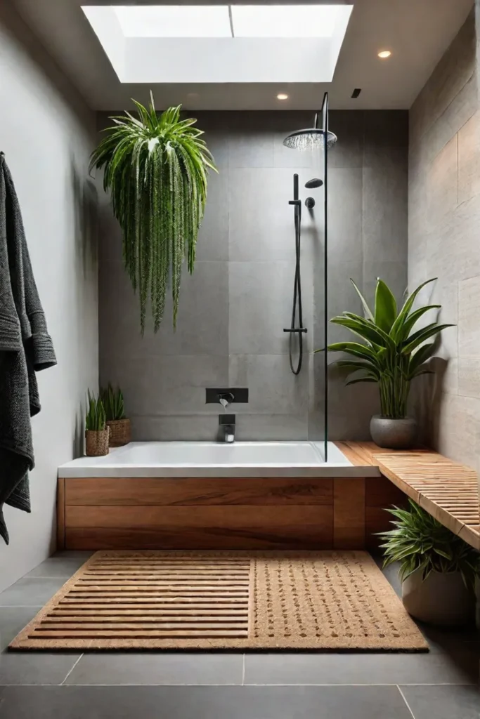 Scandinavian bathroom with walkin shower and wooden bench