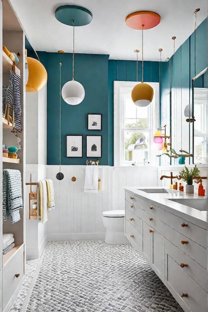 Scandinavian family bathroom with double vanity and playful accents