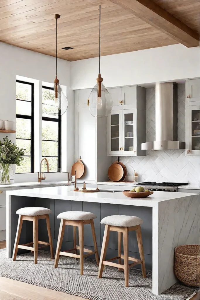 Scandinavian kitchen with gray cabinets and white countertops