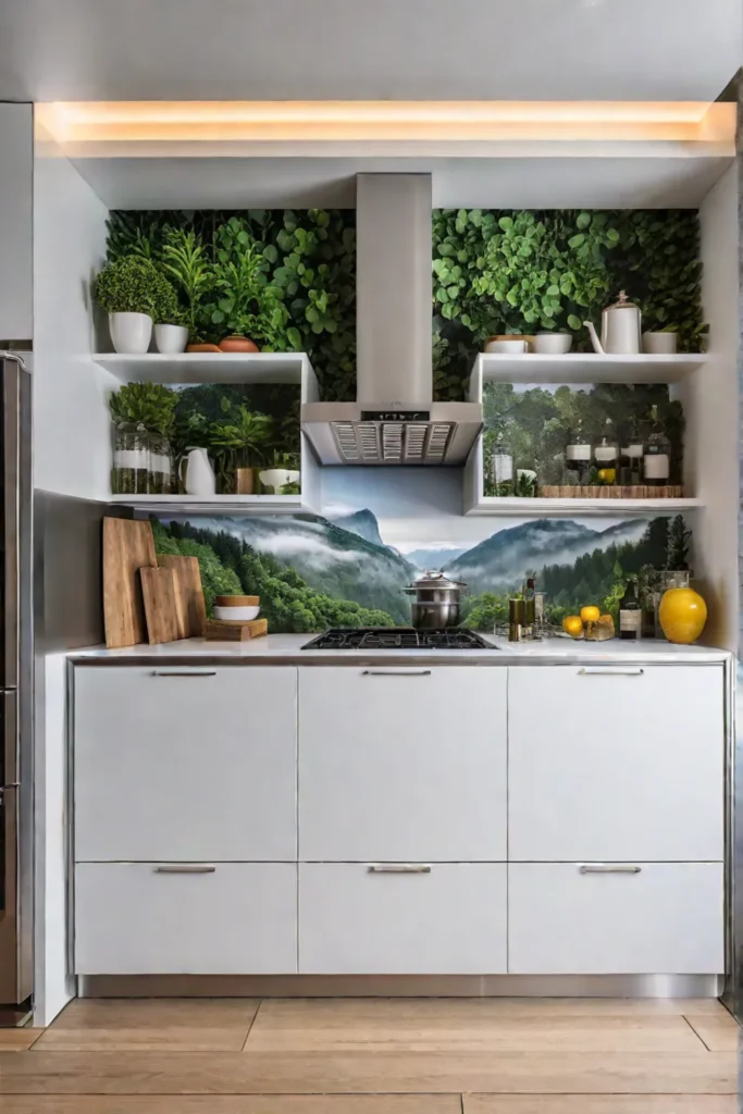 Scandinavian kitchen with nature wallpaper on refrigerator