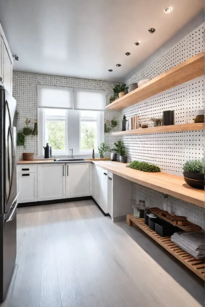 Scandinavian kitchen with pegboard storage