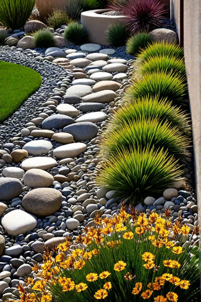 Serene backyard with dry creek bed and droughttolerant plants
