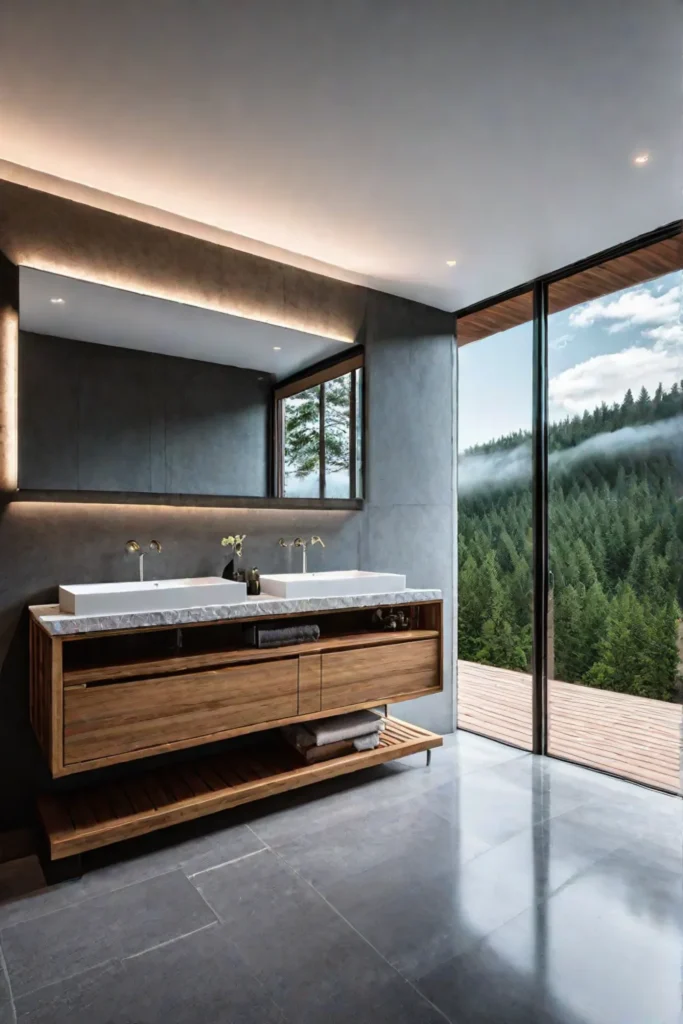 Serene bathroom with a view of the forest