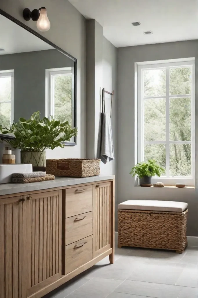 Serene bathroom with ample natural light and greenery
