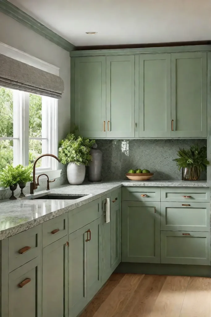 Serene kitchen with green cabinets and gray countertops