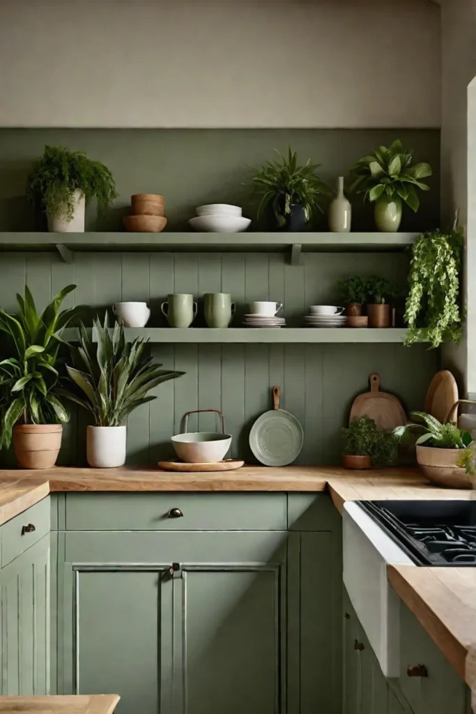 Serene kitchen with sage green cabinets and open shelving