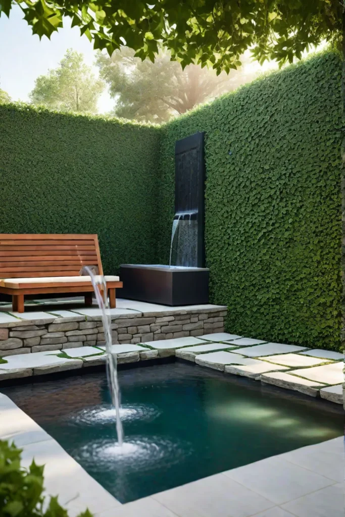 Serene oasis with a patio fountain and climbing plants