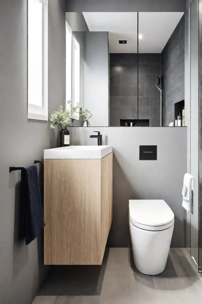 Small bathroom with wallmounted toilet and clever storage