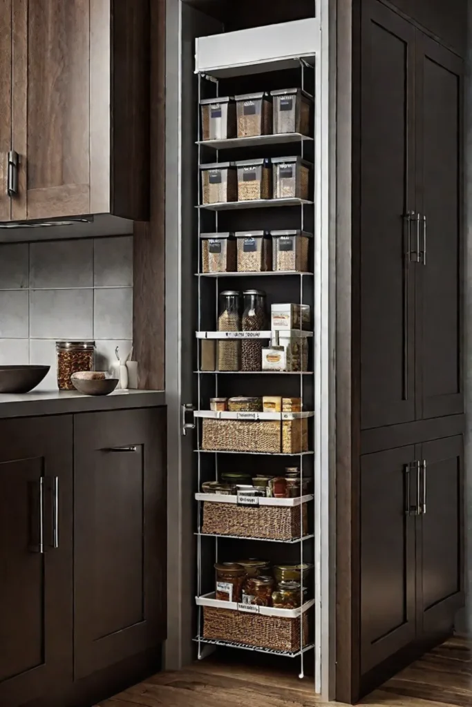 Small kitchen pantry with floortoceiling shelves labeled baskets and a doormounted spice rack