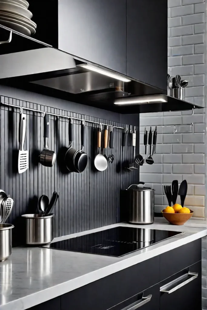Small kitchen with wallmounted magnetic strips for knives and a hanging mug rack