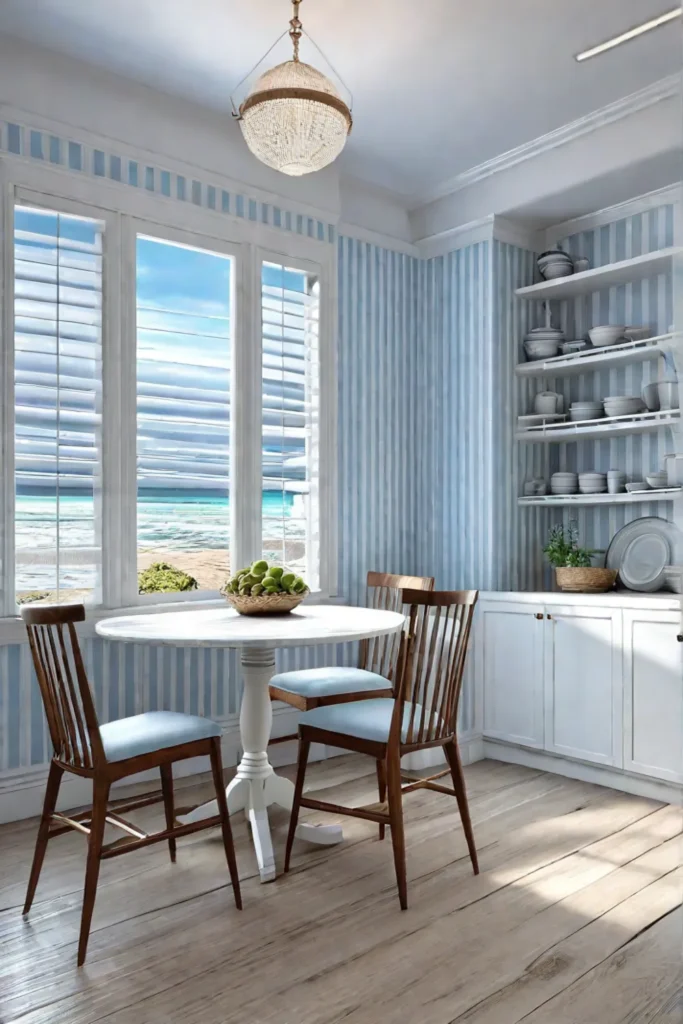 Striped wallpaper creating a fresh and airy coastal kitchen ambiance