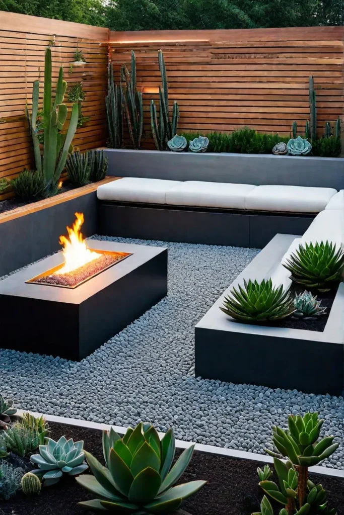 Stylish oasis with a fire pit garden and sculptures