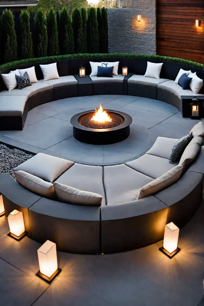 Stylish outdoor living space with fire pit and lanterns