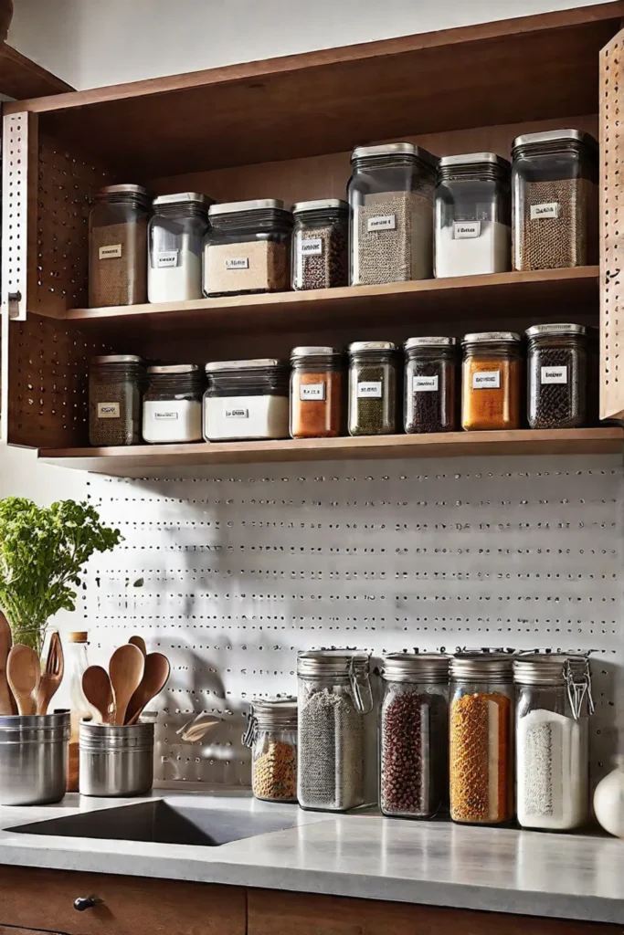 Sunlight streams into a small kitchen with organized open shelves and a pegboard