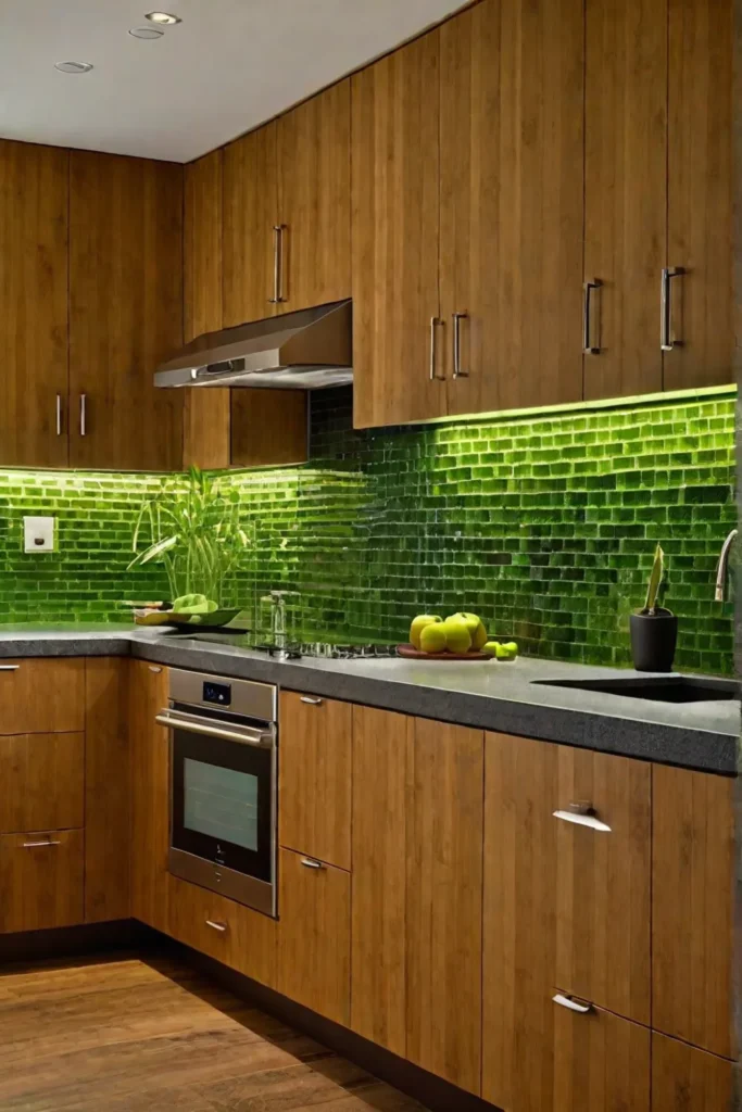 Sustainable kitchen with bamboo cabinets and recycled glass