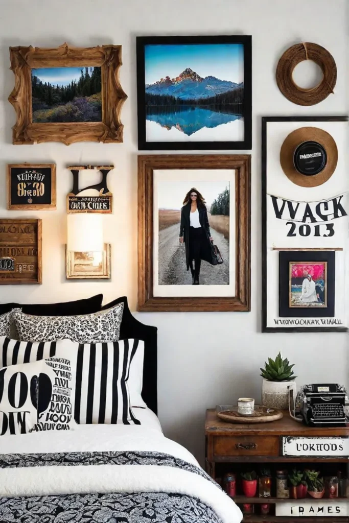 Upcycled wall art gallery in eclectic bedroom
