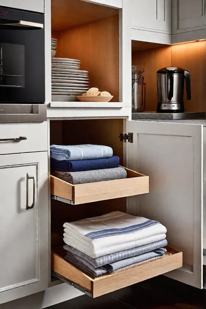 Vertical storage solution in a kitchen cabinet with pullout shelves for organized storage