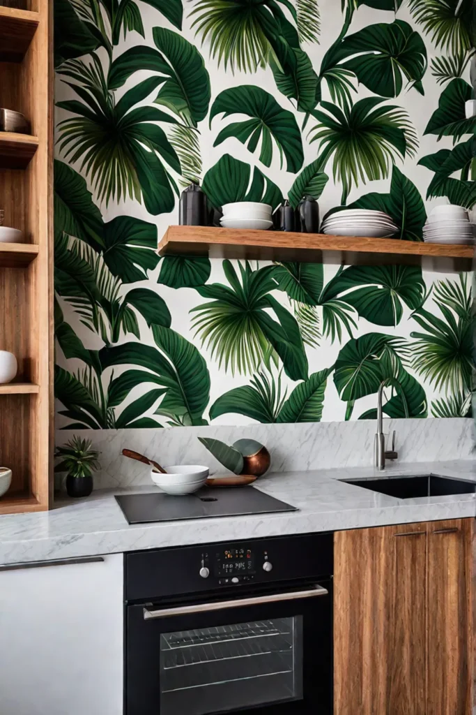Vibrant kitchen with tropical wallpaper and open shelving