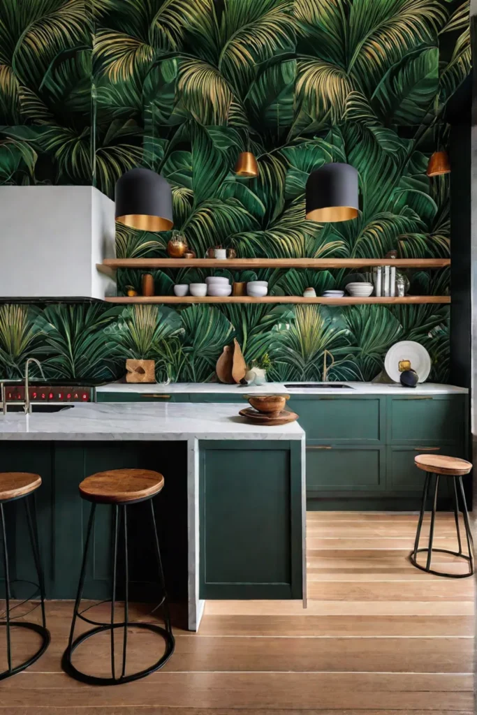 Vibrant wallpaper adding a playful element to a kitchen backsplash