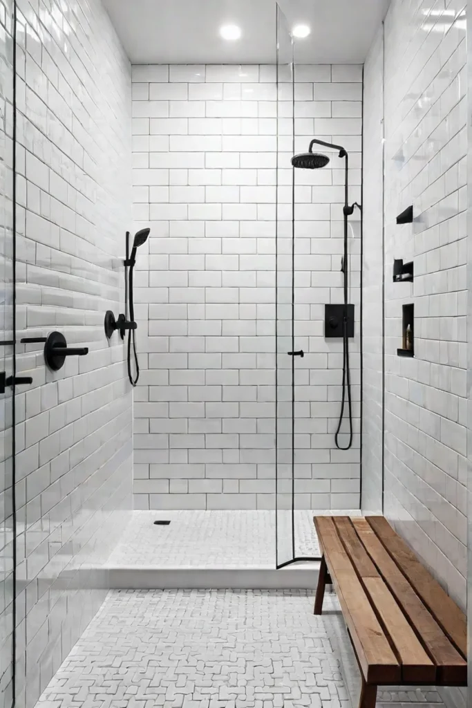 Walkin shower with white subway tiles and a rainfall showerhead