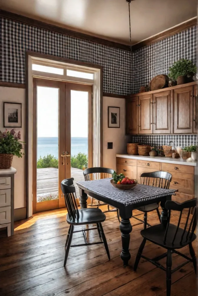 Wallpapered cabinets adding charm to a cozy kitchen