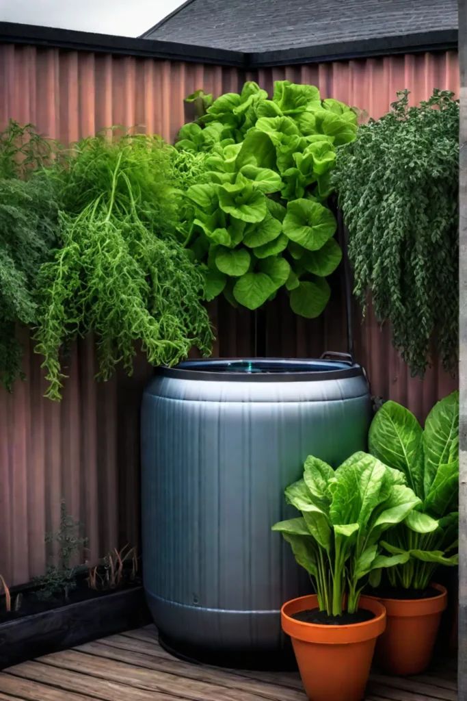 Water conservation with a rain barrel in a backyard garden