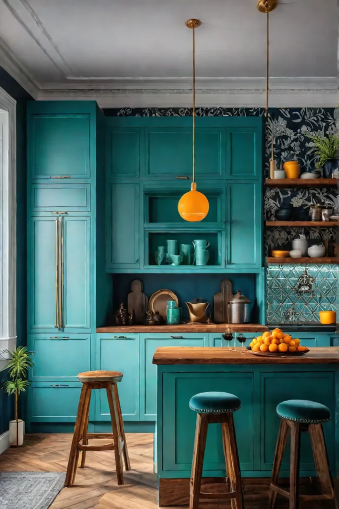 Whimsical wallpaper in an eclectic kitchen design