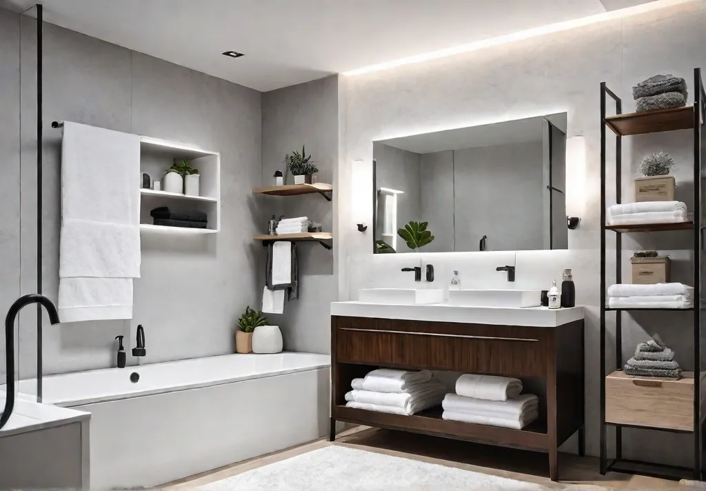 A small bathroom with a light and airy feel featuring clever storagefeat