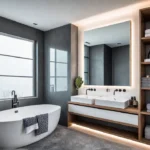 A small but stylish bathroom with a floating vanity open shelving andfeat