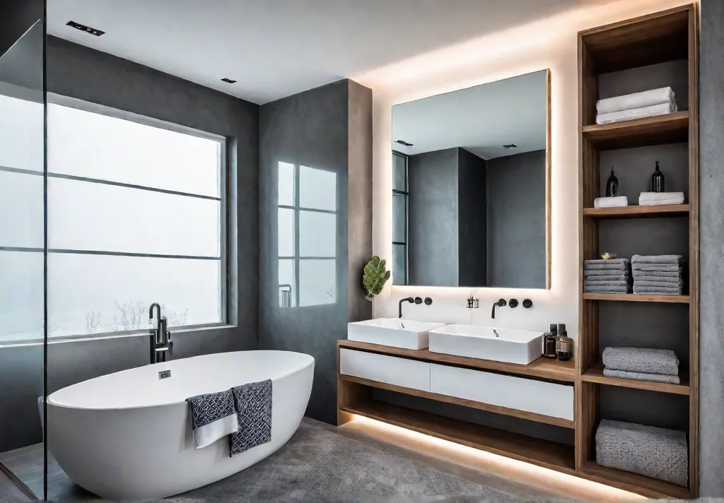 A small but stylish bathroom with a floating vanity open shelving andfeat