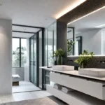 A small modern bathroom design flooded with natural light from a largefeat