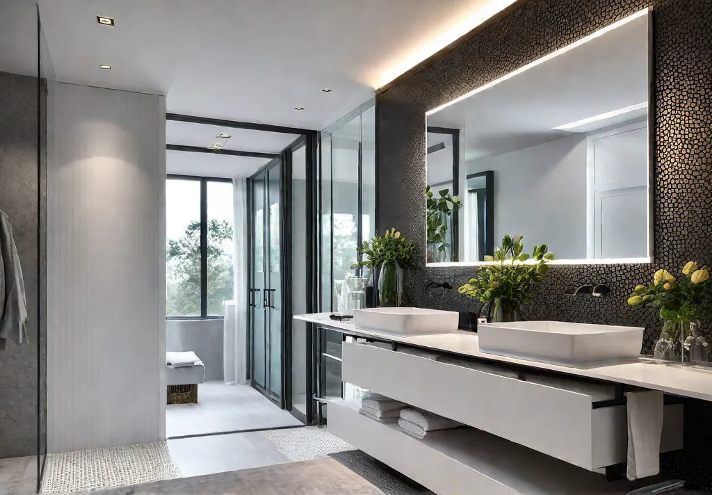 A small modern bathroom design flooded with natural light from a largefeat