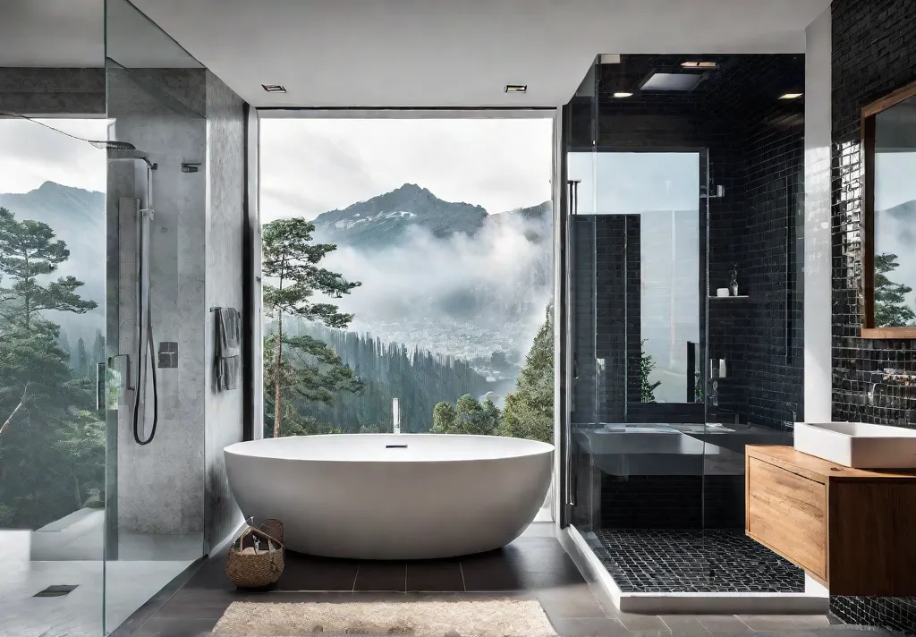 A stylish small bathroom with a glass shower door emphasizing the openfeat