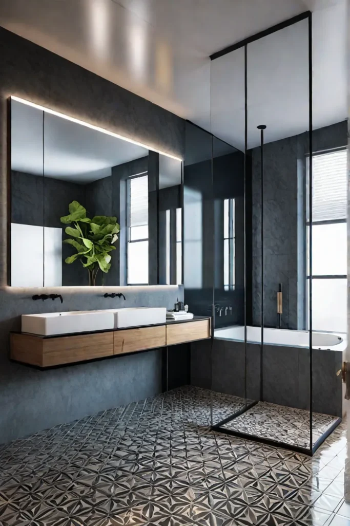 Bathroom with floortoceiling mirror reflecting tiles