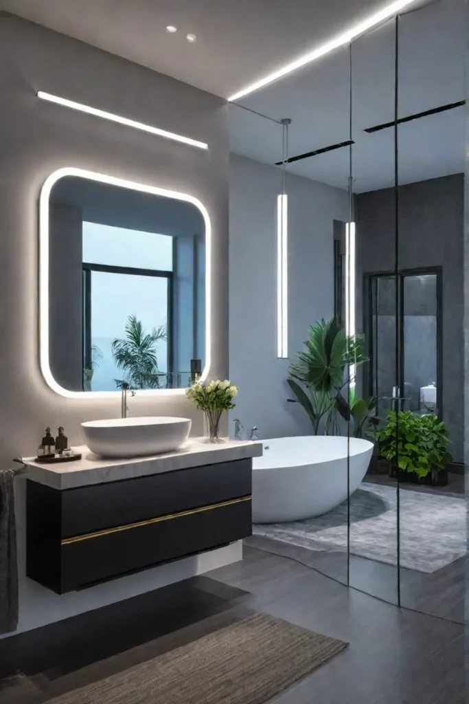 Bathroom with mirror reflecting light and adding visual interest