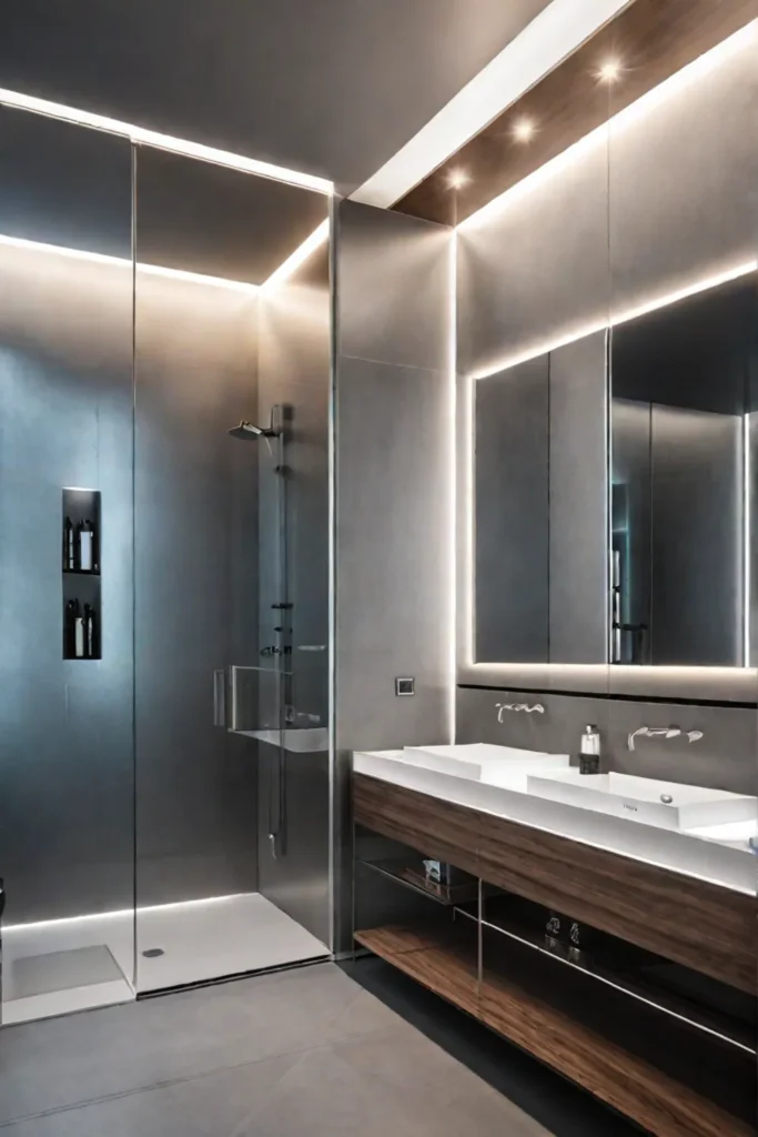 Bathroom with mirrored walls reflecting light